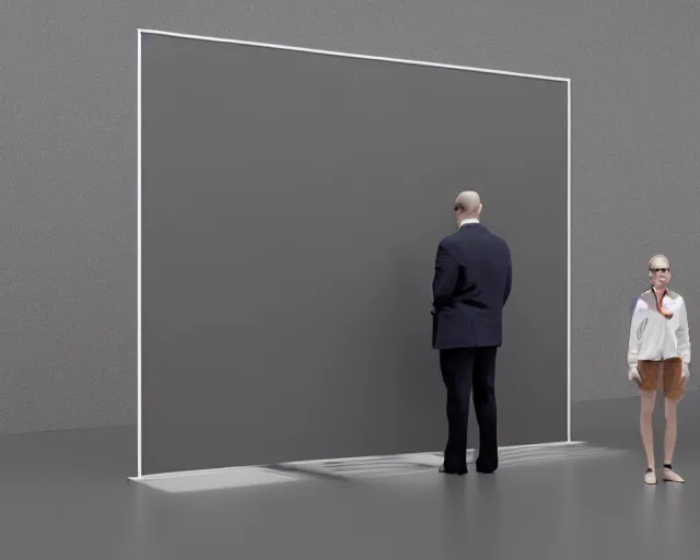 Prompt: a man standing next to a woman in front of a whiteboard, a computer rendering by Richard Artschwager, behance, modular constructivism, matte drawing, matte painting, studio portrait, diorama