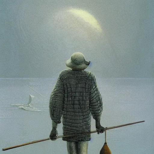 Prompt: retro dark vintage sci-fi, 2D matte illustration, old fisherman fishing, art by Szukalski, Beksinski