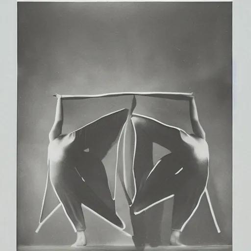 Prompt: pinhole photo of dancers in BIG GEOMETRIC MASKS, smudge, lo fi, mix, texture, by Karl Blossfeldt