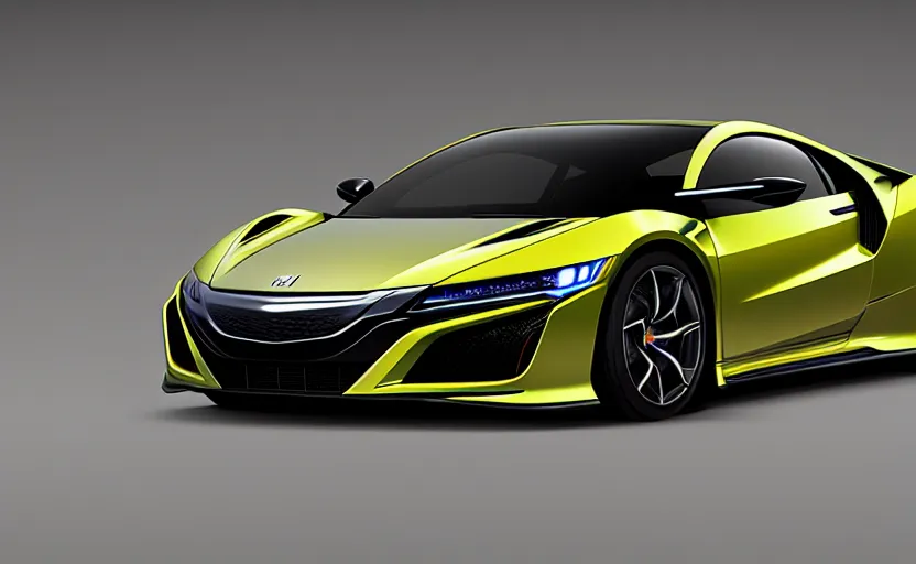 Image similar to honda nsx new prototype, futuristic car, symmetrical mechanical features, designed by polestar, artificial fog, elegant design, aurora lights background, brushed yellow paint, black wheel rims, hard surfaces modelling, night tokyo scene, dramatic lighting, hyper realistic rendering, made in blender, bokeh effect, 1 5 0 mm, sharp focus, 4 k