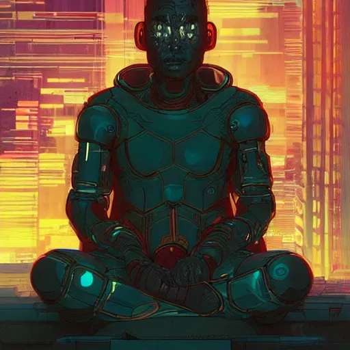 Image similar to comic book illustration, a portrait of a cybernetic monk meditating, cyberpunk concept art by josan gonzales and wlop, highly detailed, intricate, sci-fi, sharp focus, Trending on Artstation HQ, deviantart