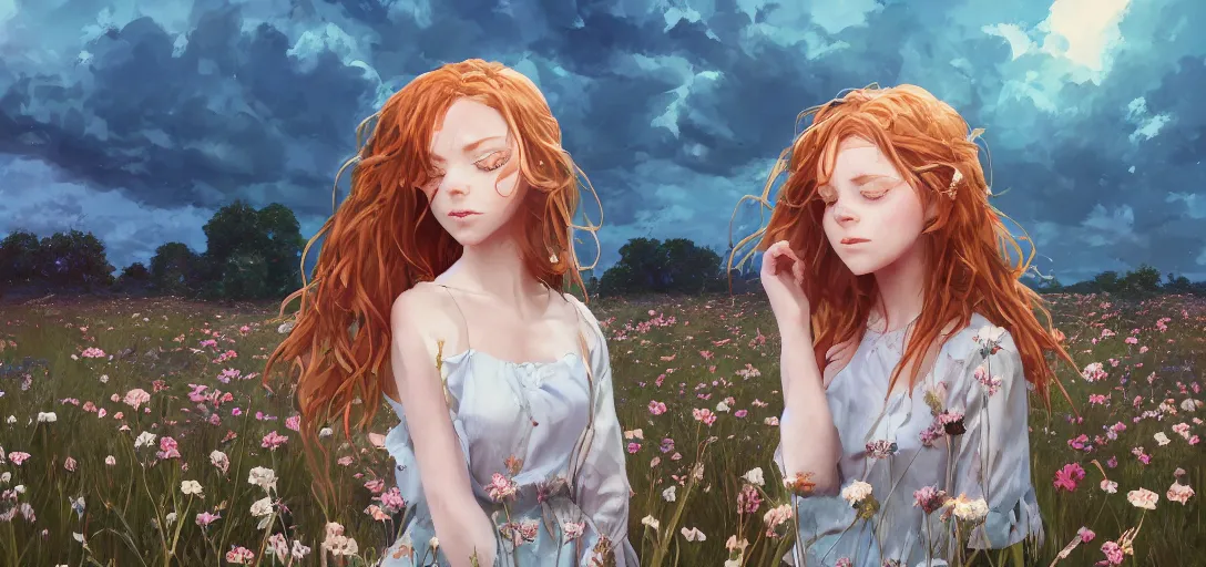 Image similar to a beautiful southern woman named Savannah, innocent, sad turquoise eyes, freckles, long ginger hair tied with white ribbon, relaxed in a field of flowers on a farm, gentle lighting, storm in the distance, somber, western clothing, dress, digital art by Makoto Shinkai ilya kuvshinov and Wojtek Fus, digital art, concept art,