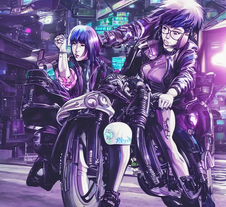 Image similar to motoko kusanagi riding a cyberpunk vehicle in a grungy cyberpunk megacity, bosozoku gang war, cyberpunk vaporwave, by phil jimenez, artgerm, sola digital arts, anti aliasing, raytracing