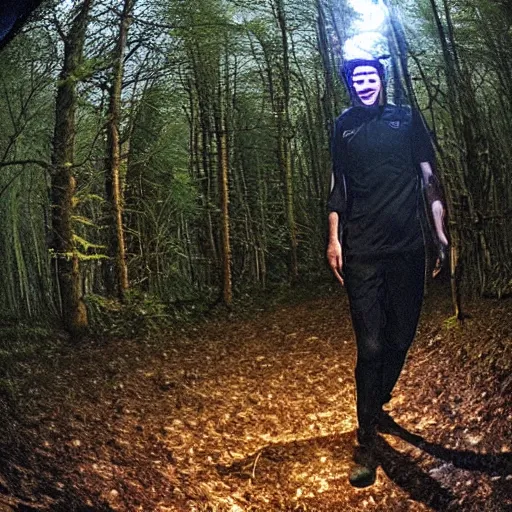 Prompt: laughing robert lewandowski caught on trail cam at night, in a dark forest, lit by a flashlight, fisheye!!!