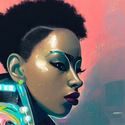 Image similar to detailed side profile portrait african american Neon Operator Girl, cyberpunk futuristic neon, reflective puffy coat, decorated with traditional Japanese ornaments by Ismail inceoglu dragan bibin hans thoma greg rutkowski Alexandros Pyromallis Nekro Rene Maritte Illustrated, Perfect face, fine details, realistic shaded, fine-face, pretty face