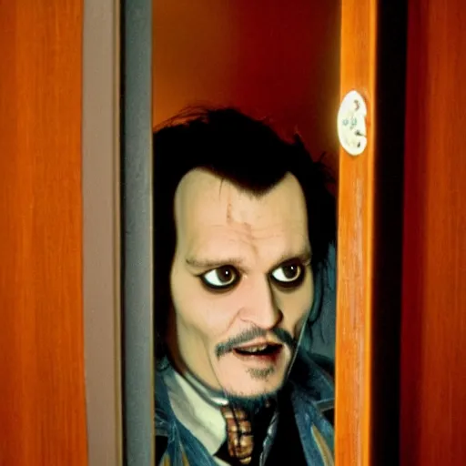 Image similar to Johnny Depp as Jack Torrance in Shining looking through the hole in the broken door