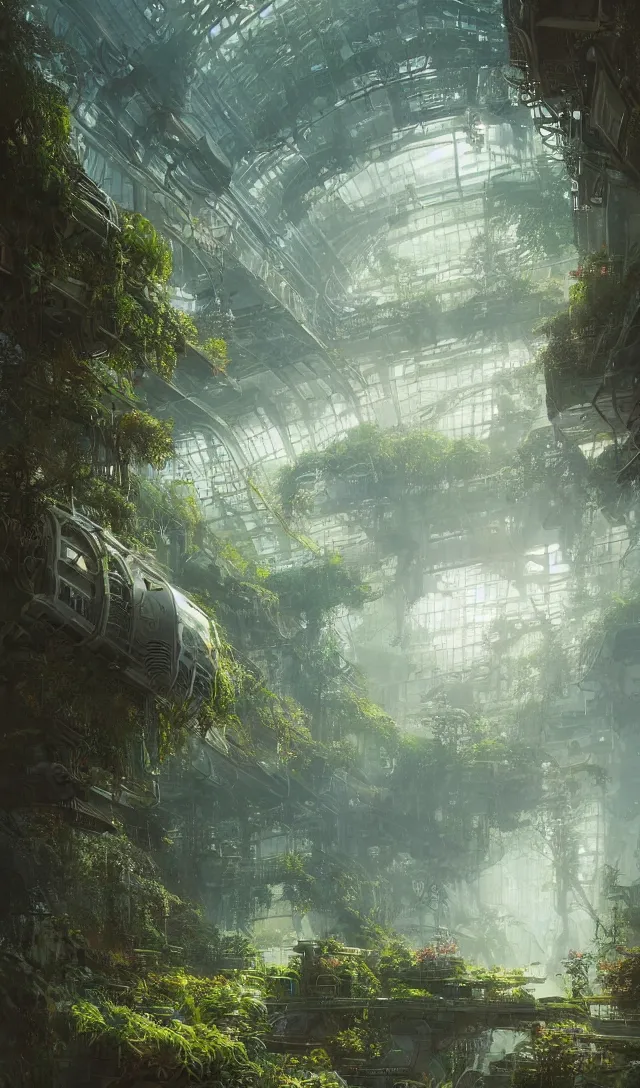 Image similar to vanishing point, green house, spaceship, plants, viewed from afar, stephen bliss, misty, unreal engine, fantasy art by greg rutkowski, loish, ferdinand knab, and lois van rossdraws, global illumination, radiant light, minimalist, detailed and intricate environment