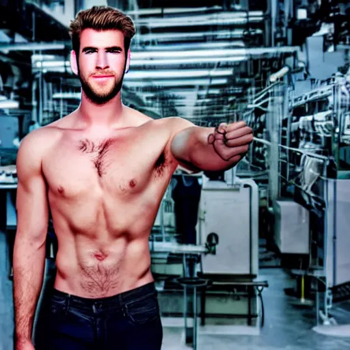 Image similar to a realistic detailed photo of a guy who is an attractive humanoid who is half robot and half humanoid, who is a male android, actor liam hemsworth, shiny skin, posing like a statue, blank stare, in a factory, on display, showing off his muscles