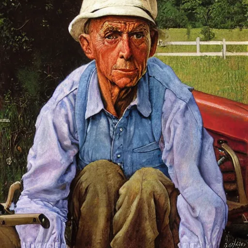 Prompt: high quality high detail painting by norman rockwell, hd, old man on tractor, big eyes, muted pastel colors, photorealistic lighting