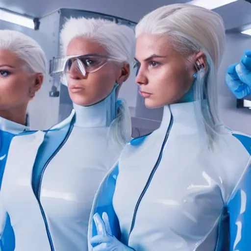 Prompt: troop of identical athletic women with white hair wearing tight light blue latex suits, in formation, futuristic chemistry lab, sci - fi, highly detailed, hyperrealistic