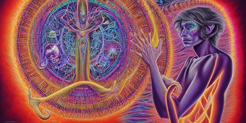 Prompt: detailed portrait of a dmt time elf waving to a passing soul energy, dmt portrait of time elves, ethereal beauty, soul frequency, 8 k resolution, ultra fine illustration, art by alex grey and tokio aoyama, highly detailed,