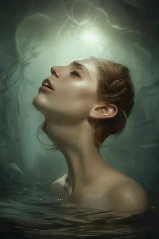 Prompt: floating deep in dark murky water!!!, underwater atmospheric mood, asleep and dreaming! cinematic volumetric lights, bust portrait, dnd, fantasy, intricate, elegant, highly detailed, digital painting, artstation, concept art, smooth, sharp focus, illustration, art by artgerm and tom bagshaw and greg rutkowski and alphonse mucha