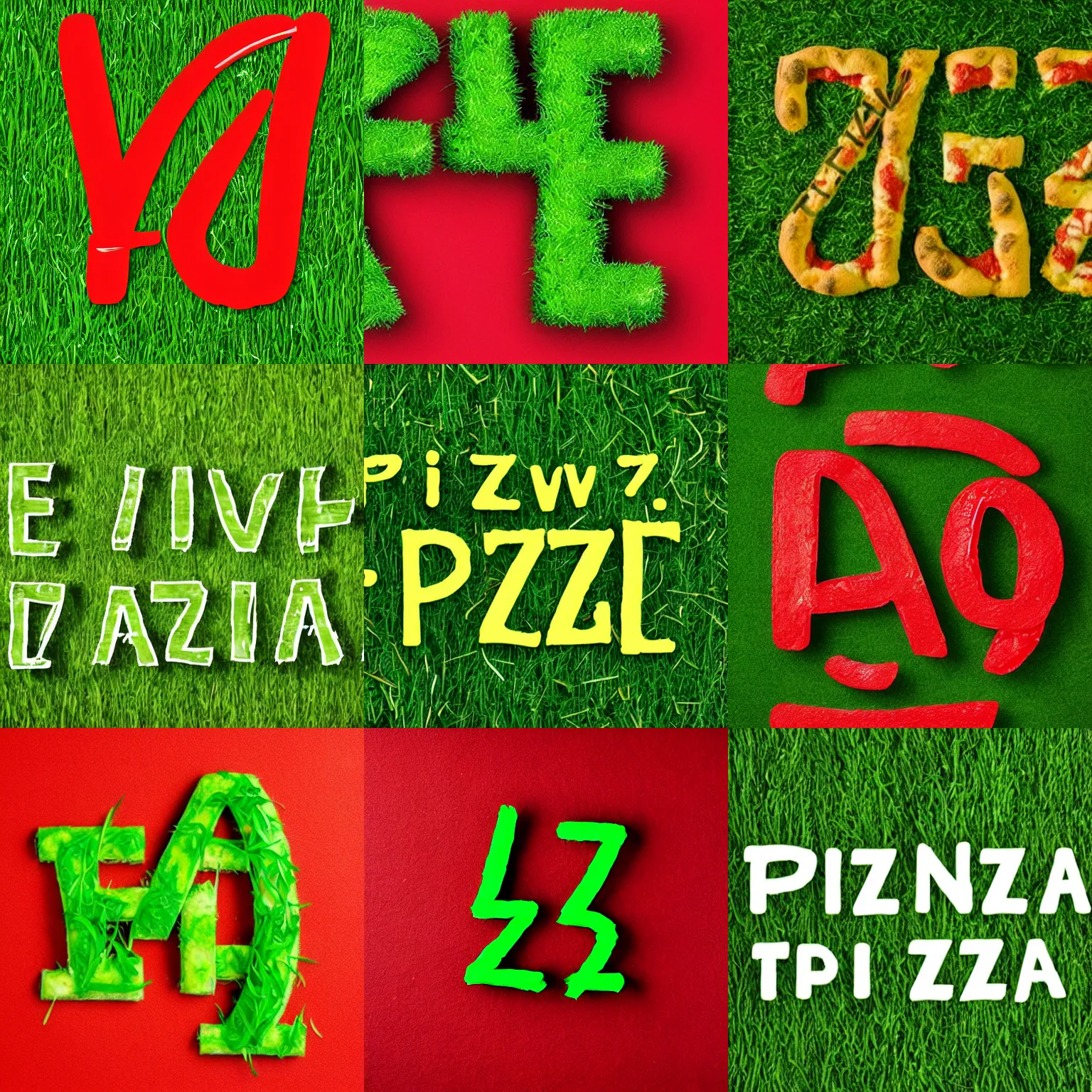 Prompt: text font made out of grass spells the word pizza on a red background