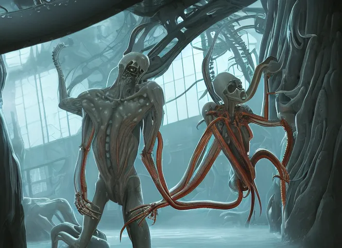 Prompt: science fiction laboratory with a muscular demon woman alien specimen with long boney limbs breaking out of its chamber in the style of ralph mcquarrie and glenn fabry, futuristic, tentacles and bones, transparent carapace, god rays, flooded station, artstation, cinematic lighting, foggy