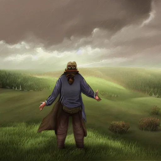 Image similar to a regretful man on a hill and storm is coming, digital painting, futured, ultra detailed