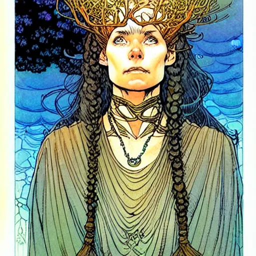 Image similar to a beautiful portrait of sanna!!!!! marin!!!!!, the young female prime minister of finland as a druidic wizard by rebecca guay, michael kaluta, charles vess and jean moebius giraud