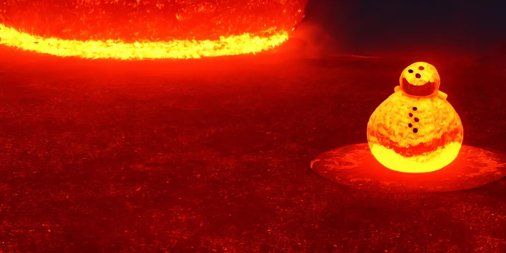 Prompt: a melted glowing snowman melting on top of the sun. the ground is made of fire and lava and is glowing orange. cinematic, dramatic, epic, volumetric lighting, atmospheric, red, orange extremely coherent, 8 k, space, warm, blade runner 2 0 4 9