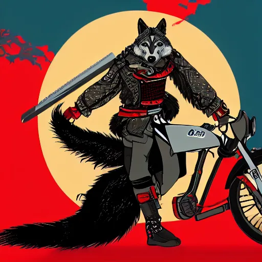 Image similar to An illustration of a mechanical punk motorcyclist carrying a samurai sword next to a black wolf on a red background, by matt griffin