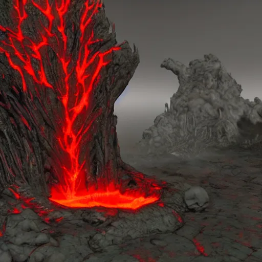 Image similar to molag bal, tyrant, glowing red eyes, lava pools, cracked ground, photorealistic