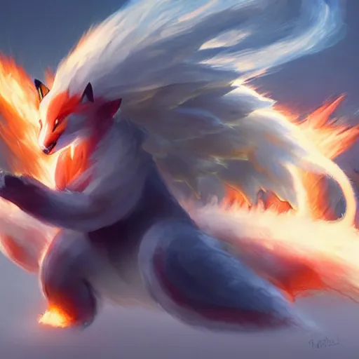 Image similar to pokemon fox ninetails of fire, artstation greg rutkowski, cinematic, hyperrealist, digital art