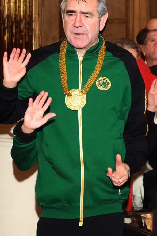 Image similar to gordon brown, dark black hair, wearing a green umbro tracksuit and gold necklace star shaped medallion, hands raised in the air,