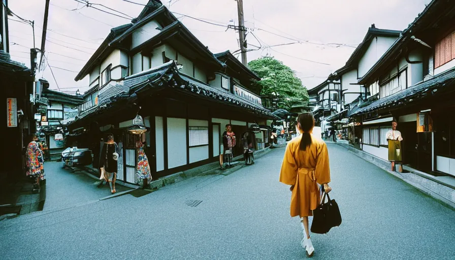 Prompt: 1 9 9 0 s candid 3 5 mm photo of a beautiful day in the a dreamy street in takayama japan designed by gucci, cinematic lighting, cinematic look, golden hour, the clouds are epic and colorful with cinematic rays of light, a girl walks down the center of the street in a gucci kimono, photographed by petra collins, uhd