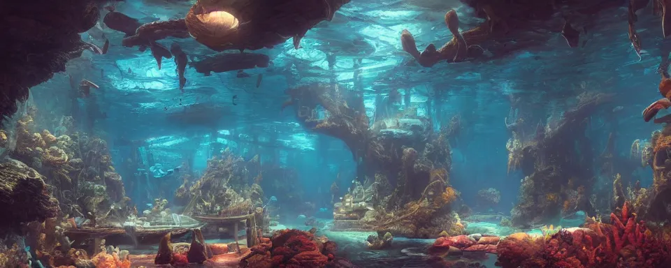 Prompt: a beautiful detailed matte painting of underwater museum by aertsen pieter, by alejandro burdisio, by greg tocchini, by james gilleard, dynamic lighting, bioluminescence, vibrant, clean, ultra detailed, sharp, digital detailed environment, octane render, cgsociety, 8 k hdr, artstation