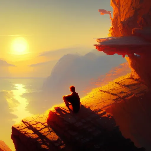 Image similar to a man sitting on a cliff watching the sun explode, painting, digital art, harsh lighting, 4 k hd wallpaper, trending on art station, art by greg rutkowski and andreas rocha, 8 k