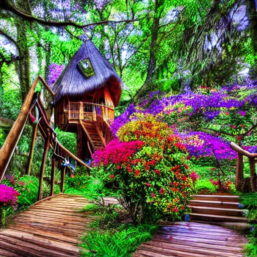 Image similar to a staircase to a treehouse covered in flowers, hd, high detail, vivid color