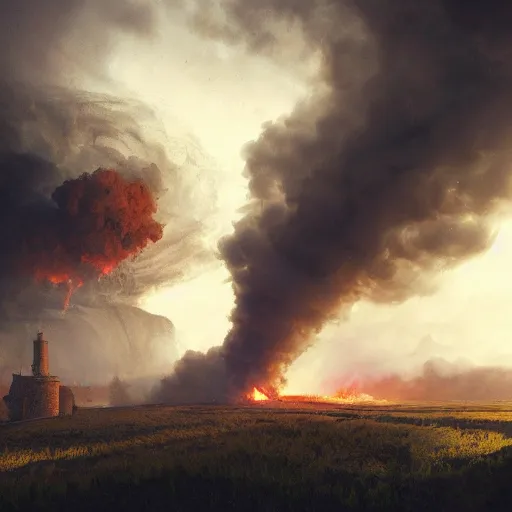 Image similar to an epic view of a smoke tornado destroying a farmhouse, twister, dust devils, flying particles, concept art, by jean duplessis - bertaux and greg rutkowski, trending on artstation