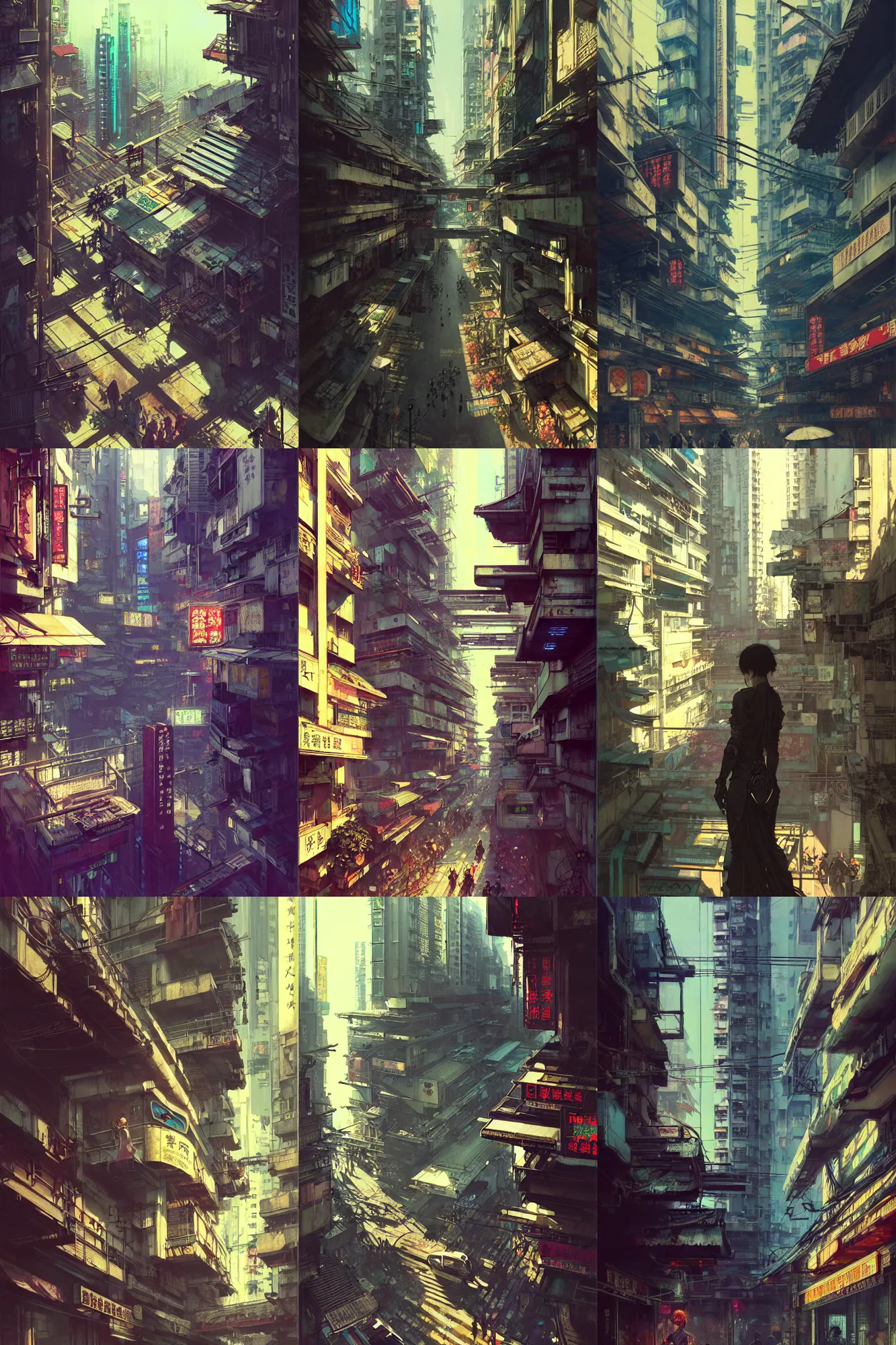 Prompt: ultra realistic beautiful cyberpunk kowloon balcony techno art, lots of signs, art by krenz cushart, wlop, yoji shinkawa, greg rutkowski, alphonse mucha, yuxiang chen, intricate, elegant, highly detailed, digital art, artstation, concept art, smooth, sharp focus, illustration, beautiful sunlight and shadows