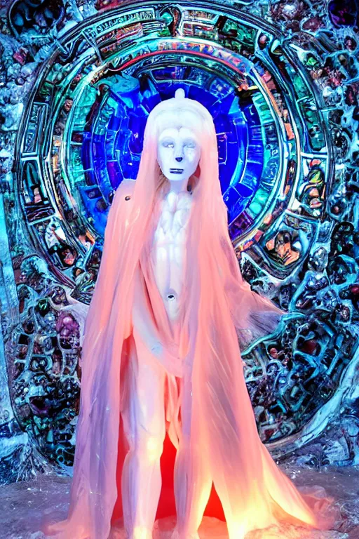 Prompt: photo of full-body baroque and cyberpunk delicate neon crystalline sculpture of ((beautiful feminie albino Italian princess )) as an onyx humanoid deity wearing ((peach plastic hooded cloak)) (holding an onyx skull) in a onyx aztec temple, reclining, glowing blue face, crown of (pink lasers), large blue diamonds, swirling black silk fabric. futuristic elements. oozing glowing liquid, full-length view. space robots. intricate artwork by caravaggio. Trending on artstation, octane render, cinematic lighting from the right, hyper realism, photorealistic, octane render, 8k, depth of field, 3D