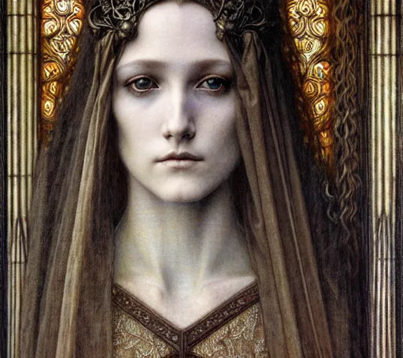 Image similar to detailed realistic beautiful young medieval queen face portrait by jean delville, gustave dore and marco mazzoni, art nouveau, symbolist, visionary, gothic, pre - raphaelite. horizontal symmetry