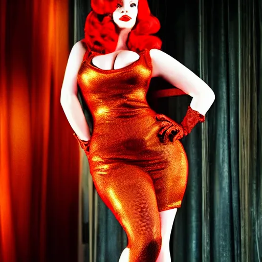 Image similar to Fine art photography of Christina Hendricks as Jessica Rabbit, on stage, in the movie Who Framed Roger Rabbit, highly detailed and intricate, HDR 8k