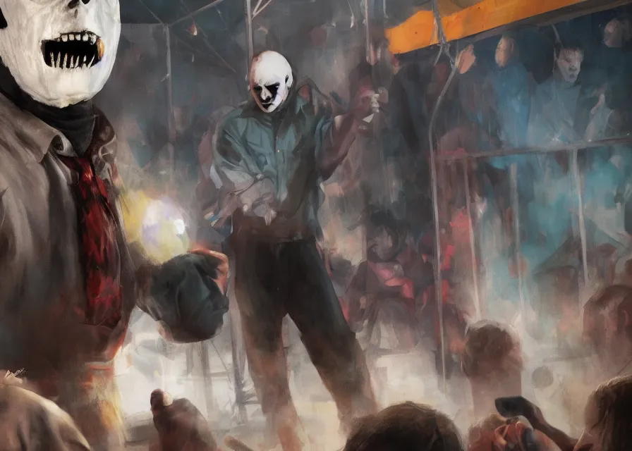 Image similar to painting of Michael Myers having fun at a traveling carnival, sharp focus, face focused, trending on ArtStation, masterpiece, by Greg Rutkowski, by Ross Tran, by Fenghua Zhong, octane, soft render, oil on canvas, high contrast, cinematic