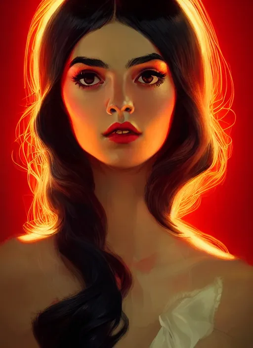 Image similar to portrait of veronica lodge with fluffy bangs, 1 9 6 0 s, long hair, red hairband, curly bangs, intricate, elegant, glowing lights, highly detailed, digital painting, artstation, concept art, smooth, sharp focus, illustration, art by wlop, mars ravelo and greg rutkowski