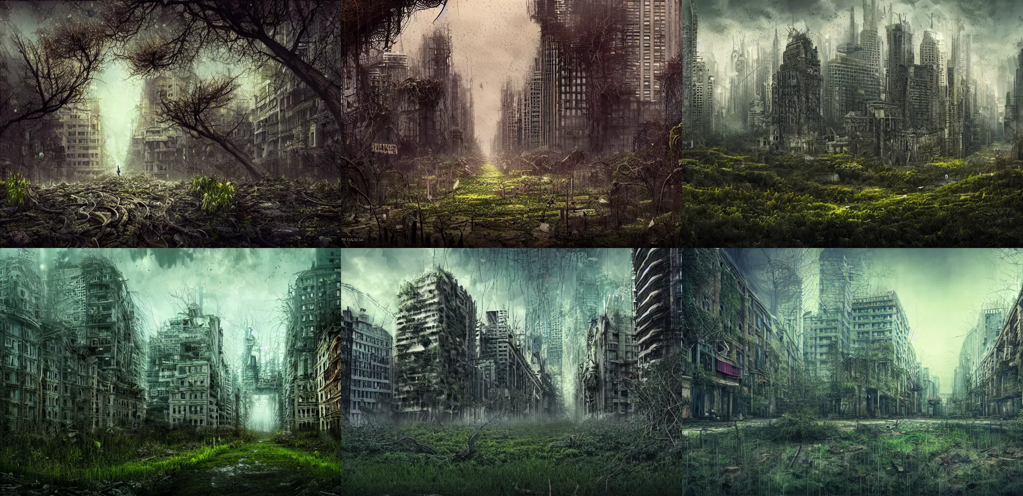 Prompt: overgrown city by Zdzislaw Belkinski , digital art, surreal, horror, HD, 8K