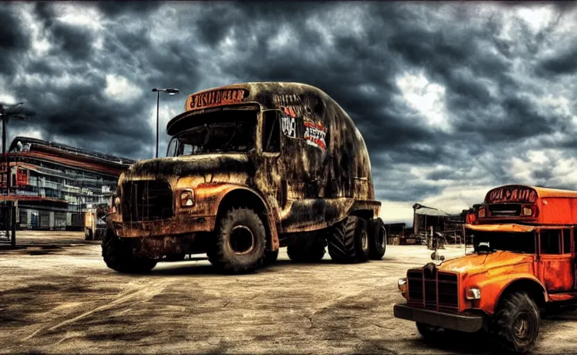 Image similar to monster truck schoolbus tank, dystopian, imax, intense sky