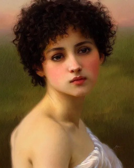 Image similar to beautiful glorious realistic oil painting of a girl, short black curly hair, bokeh, in the style of bouguereau, sunset, highly detailed and photorealistic, 8 k high detail and intricate