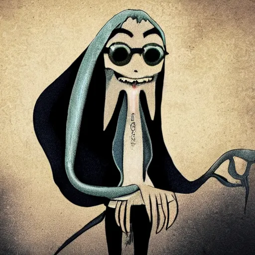 Image similar to a character with a squid for a head wearing a long vampire cloak made from dark wispy smoke created by the artist for the band Gorillaz