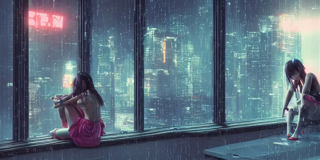 Image similar to sad girl sitting by the window, cyberpunk, accurate features, focus, very intricate ultrafine details, masterpiece, 8 k hd, realistic shaded lighting, detailed render, detailed backgrounds, epic composition, soft neon lights, rain