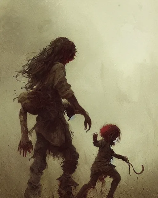 Image similar to a child zombie walking after a scared teenager by jean baptiste monge and greg rutkowski, painterly