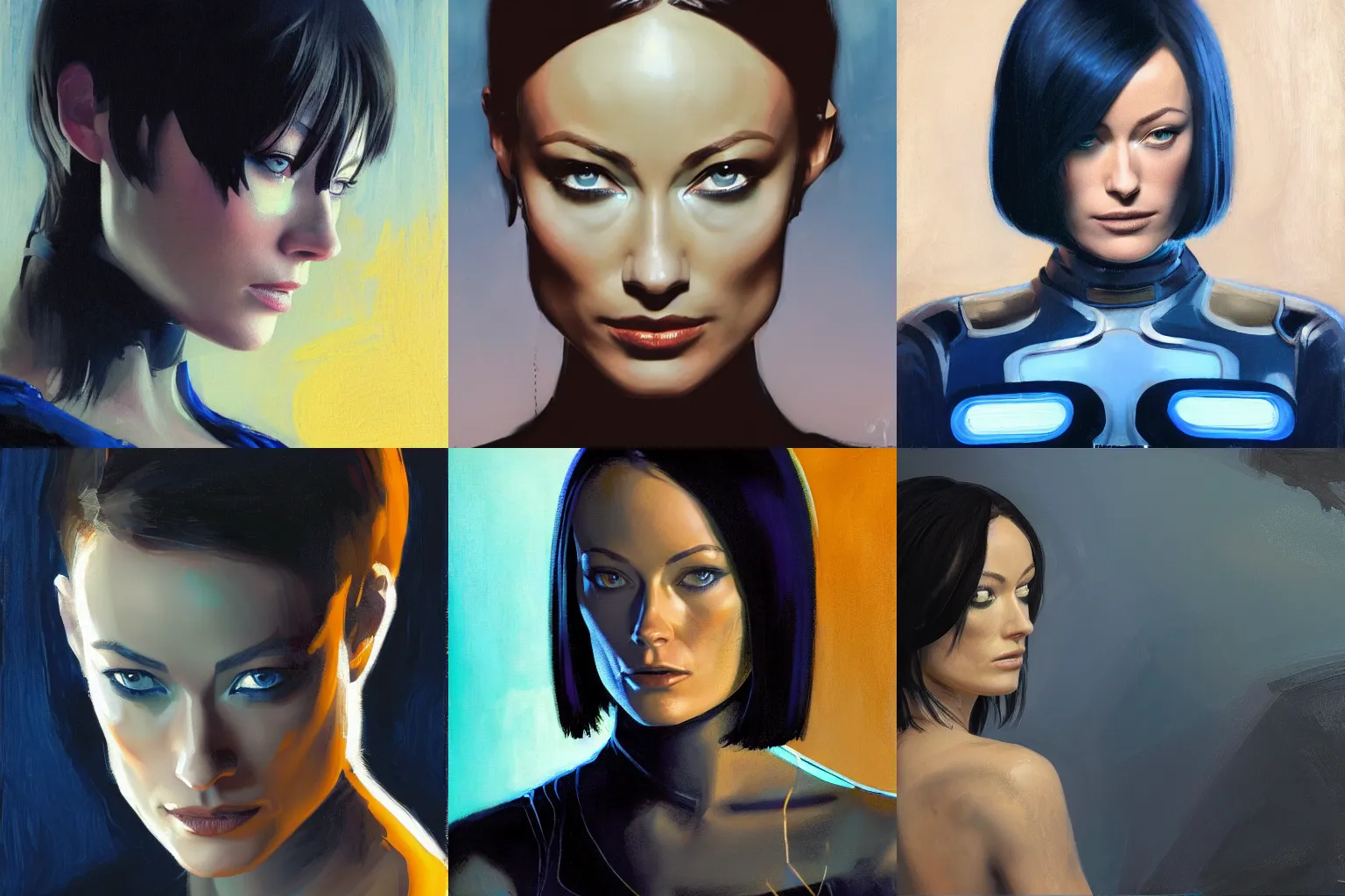 Prompt: portrait of olivia wilde as quorra on white background, medium length black bob cut hair, tron legacy setting, close - up, intricate details, mysterious feeling, atmospheric, muddy colors, blue filter, broad brush strokes by gregory manchess and ilya kuvshinov, oil on canvas, 8 k