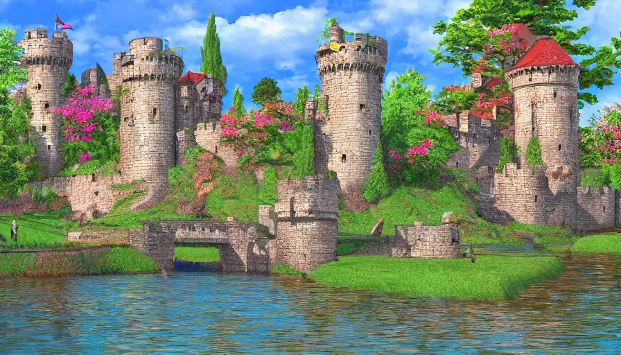 Image similar to a castle with a moat and drawbridge, digital art, highly detailed, realistic, bright colors, 8 k