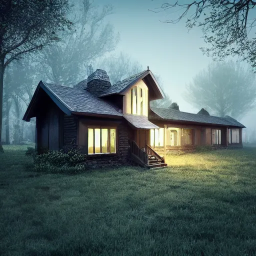 Image similar to darkness render fog highly detailed village house day forest