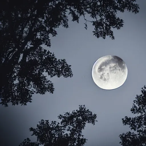 Prompt: an scary scene of moon approach to sky, view angle from down