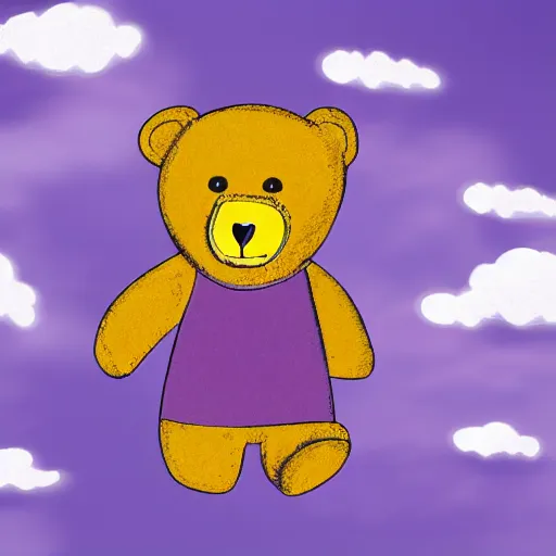 Prompt: cartoon animated bear wearing clothes being launched out of a futuristic machine into a purple and orange cloud land