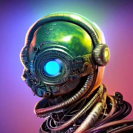 Prompt: futuristic steampunk alien portrait, ancient mayan, mechanical internals, smoke, exposed wire sparks, hyper realistic shiny textures, 8 k, intricate details, fluorescent glow, science fiction space horror, unreal engine, dark, heavy shading