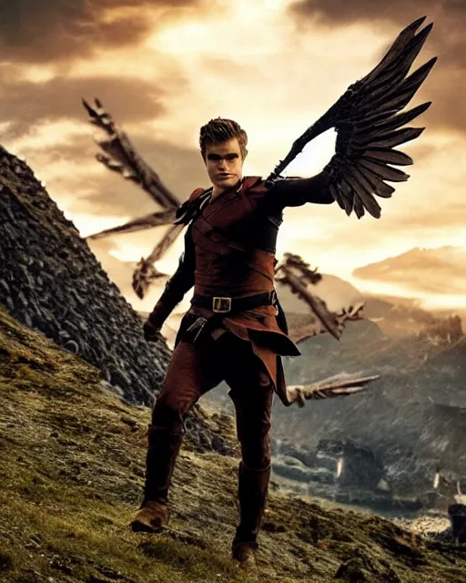 Image similar to Actor Paul Wesley As an Elf Ranger riding a giant Battle Eagle as it soars over the Mountains of Mordor,photorealistic, cinematic