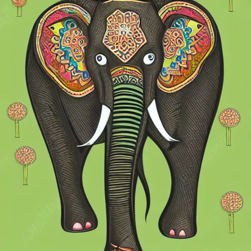 Image similar to a elephant on a green meadow, Anthropomorphized, portrait, highly detailed, colorful, illustration, smooth and clean vector curves, no jagged lines, vector art, smooth